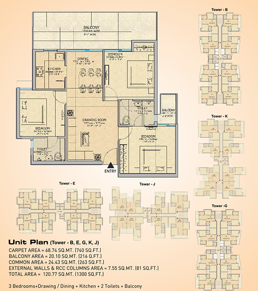 3 BHK - 1300 SQ.FT.